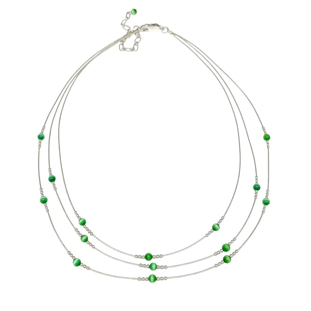 Triple Strand Green Cat's Eye Glass Bead Necklace | Sterling Silver 16”-19”